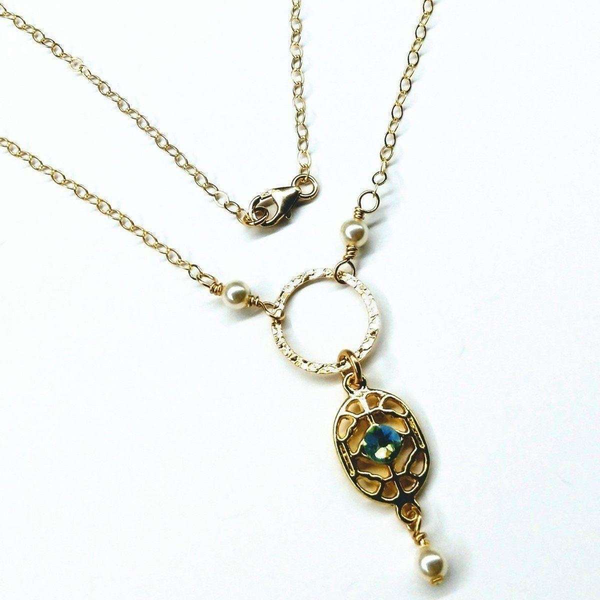 Blue Crius Necklaces 14 CT Gold-Filled Hammered Green Crystal Open Circle Filigree Necklace