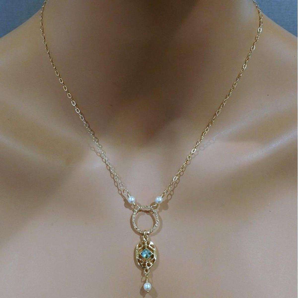 Blue Crius Necklaces 14 CT Gold-Filled Hammered Green Crystal Open Circle Filigree Necklace