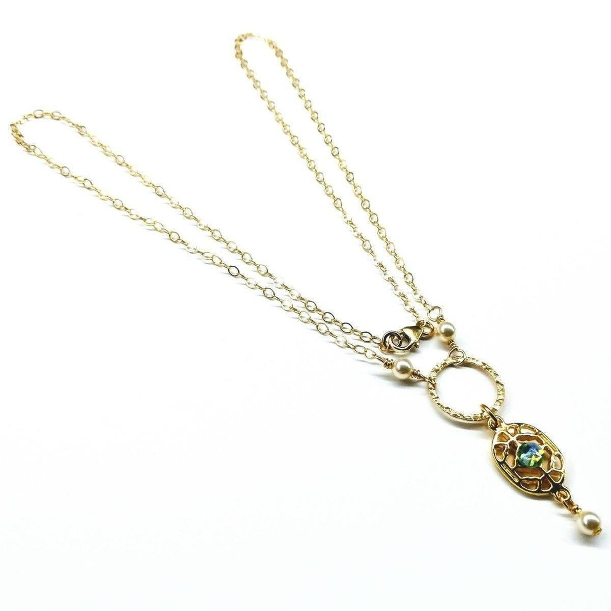 Blue Crius Necklaces 14 CT Gold-Filled Hammered Green Crystal Open Circle Filigree Necklace