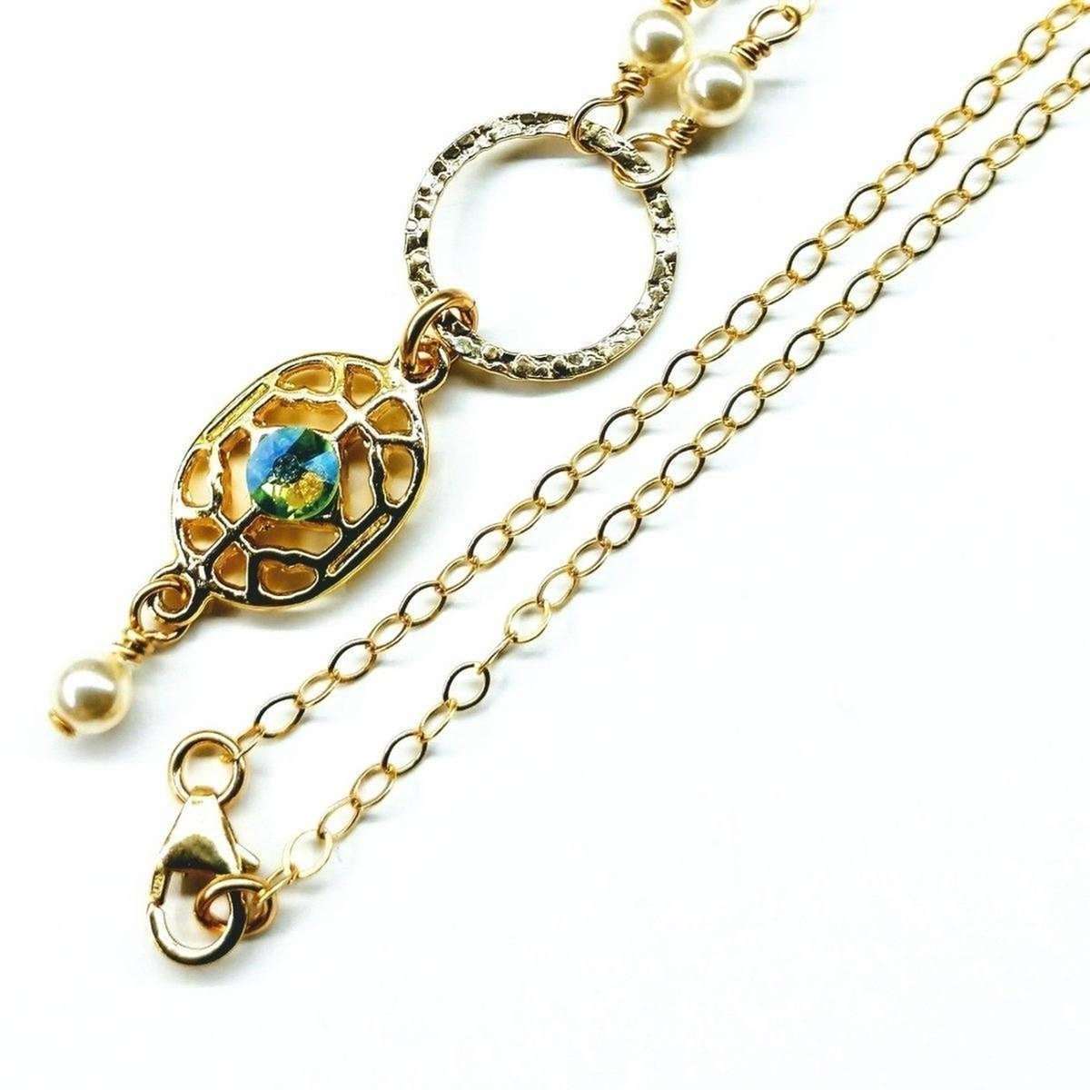 Blue Crius Necklaces 14 CT Gold-Filled Hammered Green Crystal Open Circle Filigree Necklace