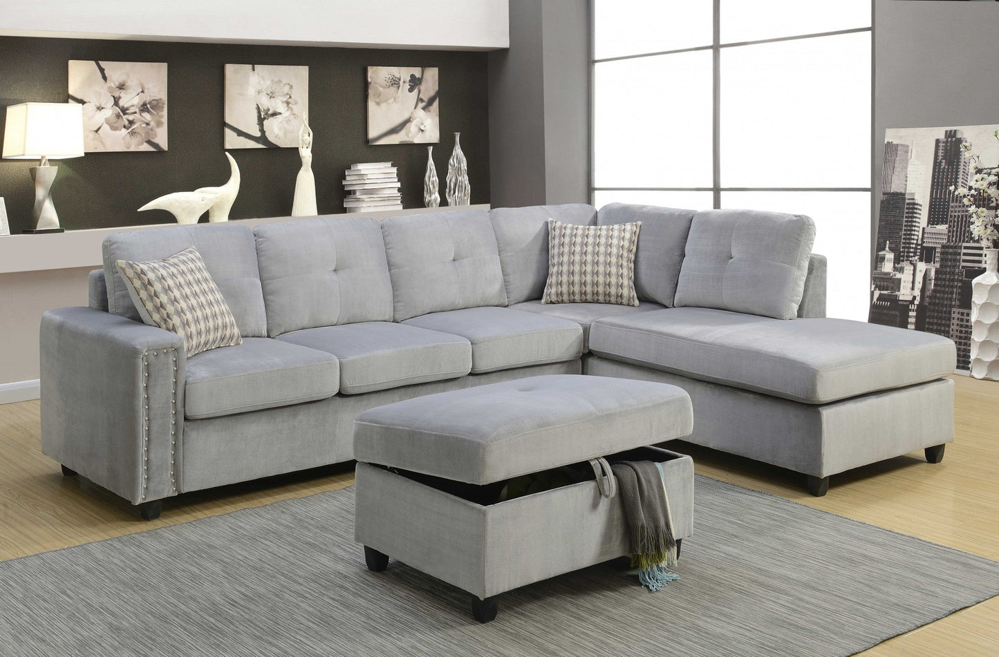 Jade Furniture Gray Velvet Reversible Sectional Sofa