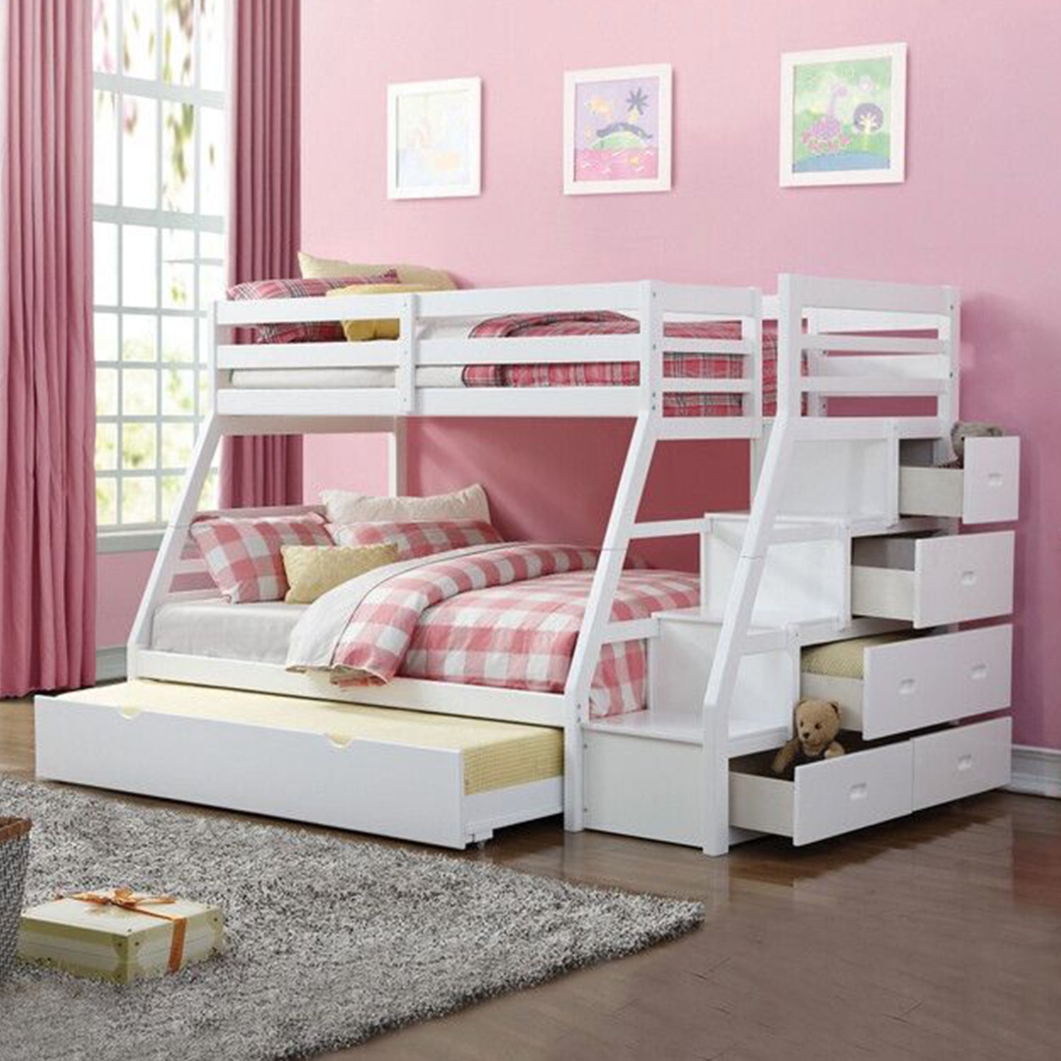 Jade Furniture Twin Over Full White Storage Ladder Bunk Bed Set