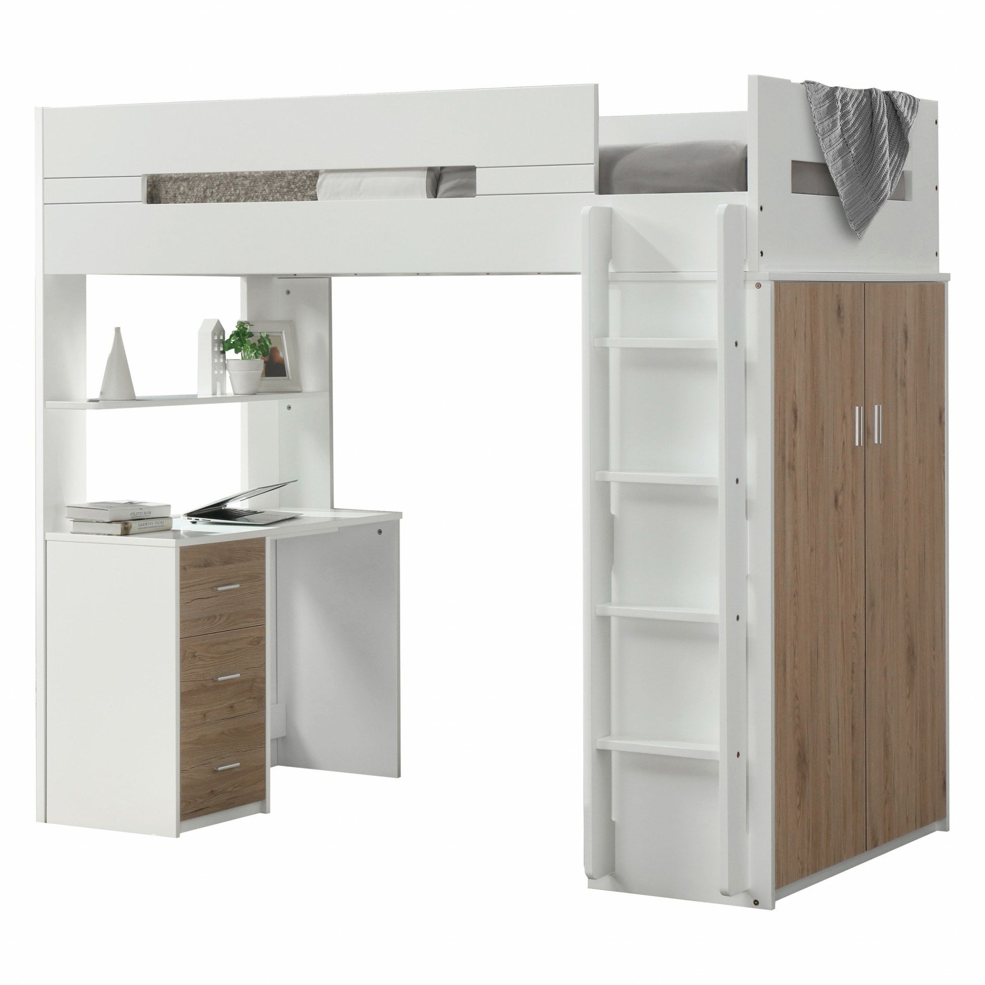 Jade Furniture White and Natural Twin Loft Bed and Desk Set