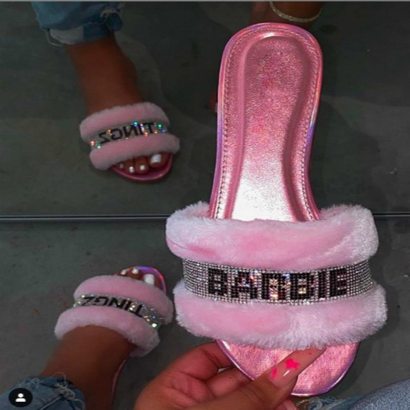 Silver Juneberry Footwear Pink "Barbie" Faux Fur Slides