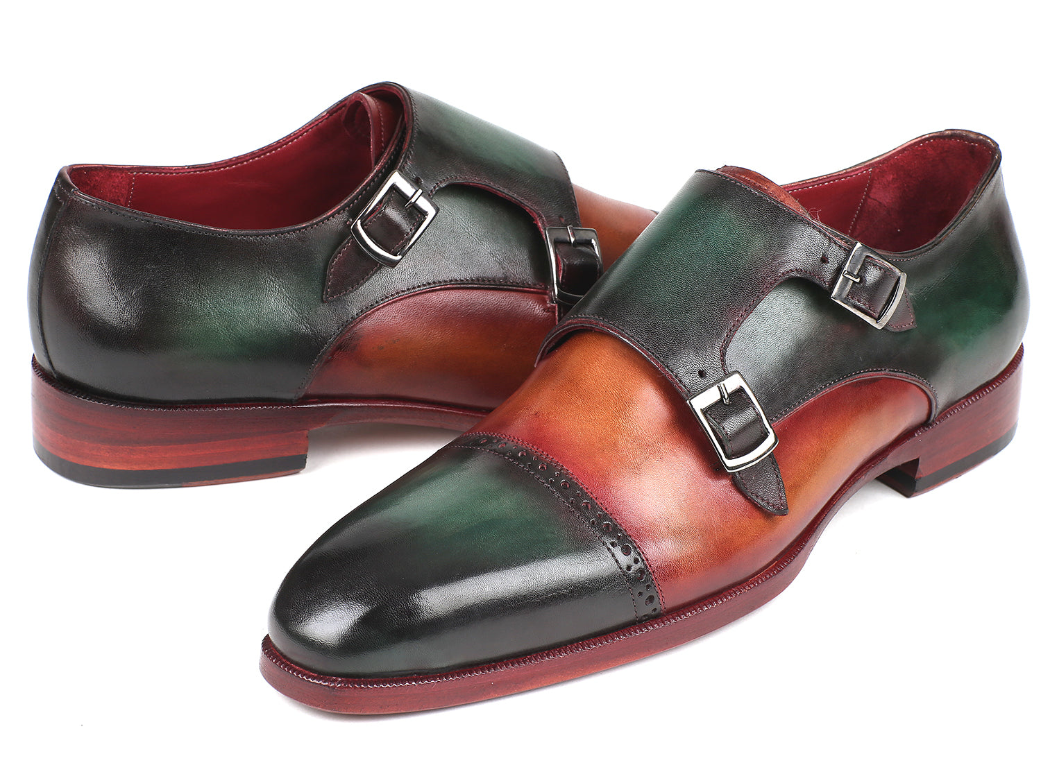 Paul Parkman Captoe Double Monkstraps Green & Camel Shoes (ID#045GC61)