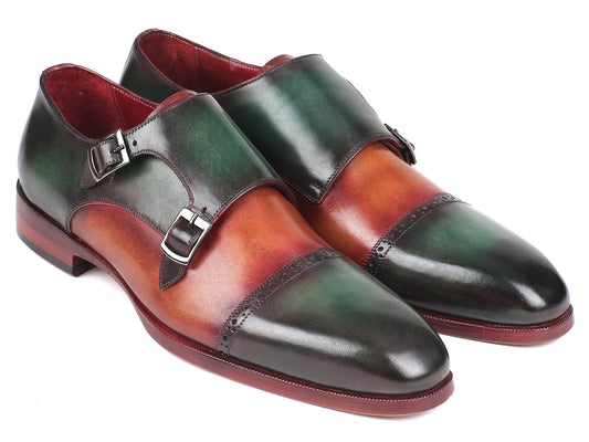 Paul Parkman Captoe Double Monkstraps Green & Camel Shoes (ID#045GC61)