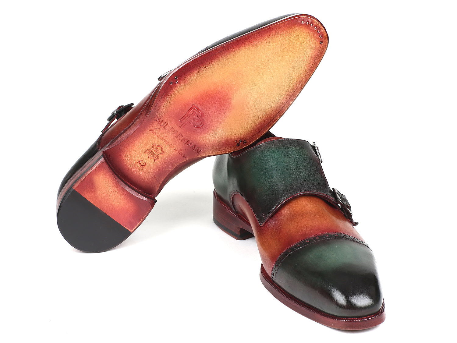 Paul Parkman Captoe Double Monkstraps Green & Camel Shoes (ID#045GC61)