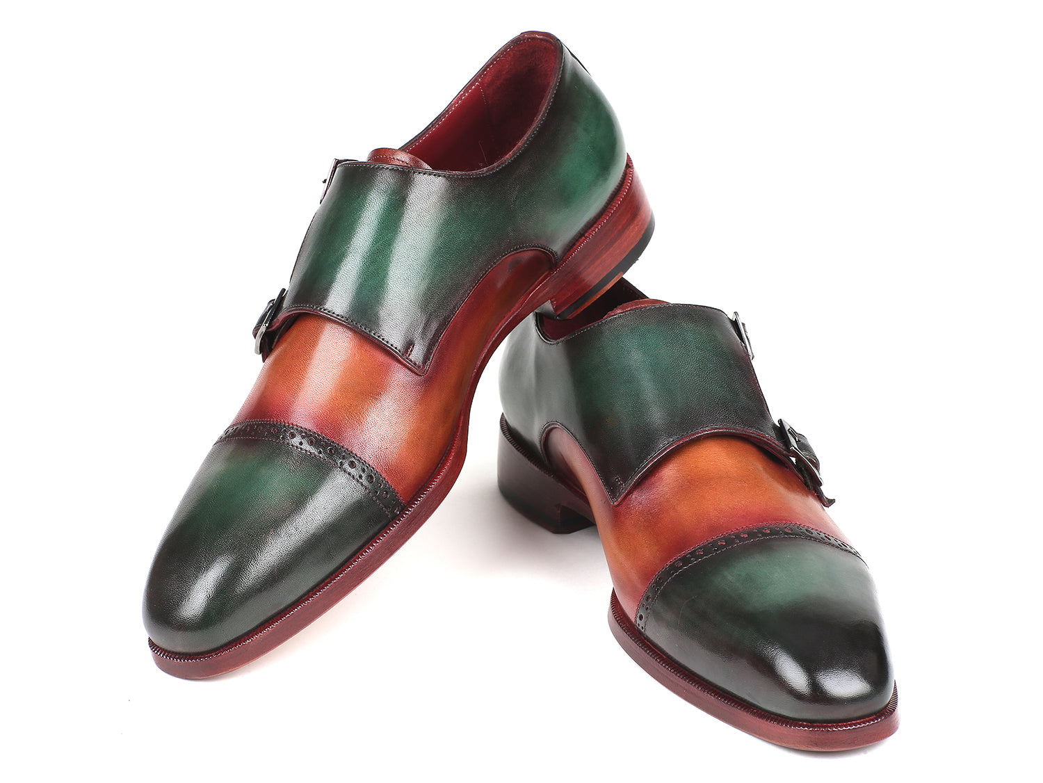 Paul Parkman Captoe Double Monkstraps Green & Camel Shoes (ID#045GC61)