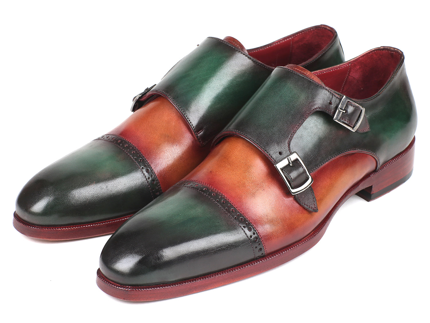 Paul Parkman Captoe Double Monkstraps Green & Camel Shoes (ID#045GC61)