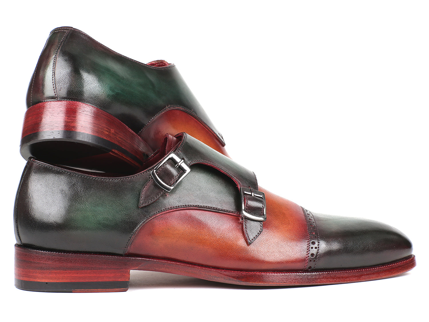 Paul Parkman Captoe Double Monkstraps Green & Camel Shoes (ID#045GC61)