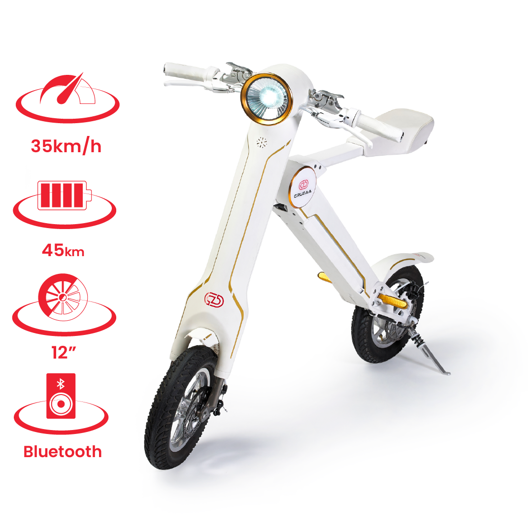 Coral Iphigenia Sports & Outdoors Cruzaa E-Scooter PRO Racing White - with Built-in Speakers & Bluetooth