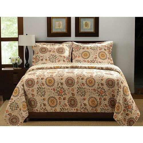 Yellow Crius Other Full / Queen Retro Moon Shaped Floral Medallion Reversible 3 Piece BedSet