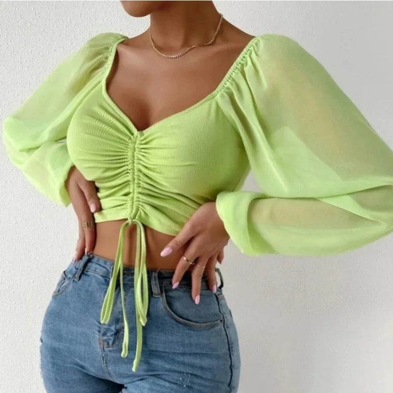 AliExpress Women's Clothing Woman's MeshDrawstring Crop Top Shirt