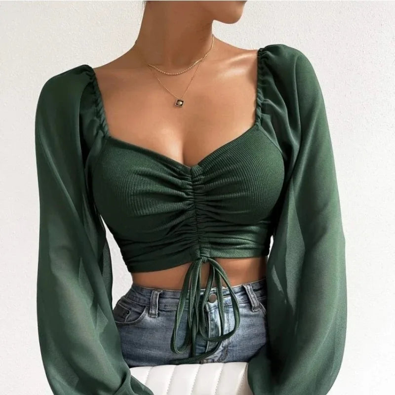 AliExpress Women's Clothing Woman's MeshDrawstring Crop Top Shirt