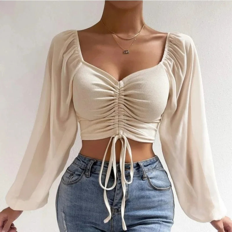 AliExpress Women's Clothing Woman's MeshDrawstring Crop Top Shirt