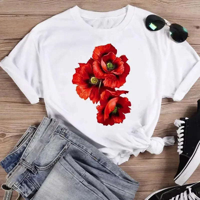 AliExpress Women's Clothing Woman's Watercolor Spring Flower Cartoon Short Sleeve T-Shirt