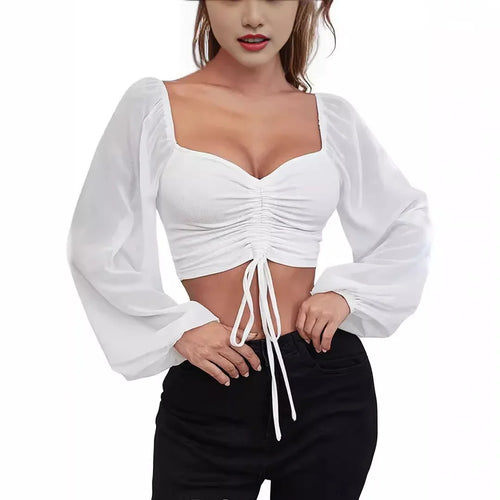 AliExpress Women's Clothing Woman's MeshDrawstring Crop Top Shirt