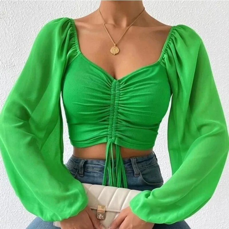 AliExpress Women's Clothing Woman's MeshDrawstring Crop Top Shirt