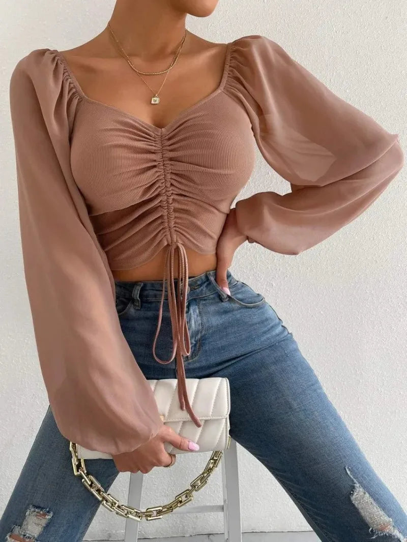 AliExpress Women's Clothing Woman's MeshDrawstring Crop Top Shirt