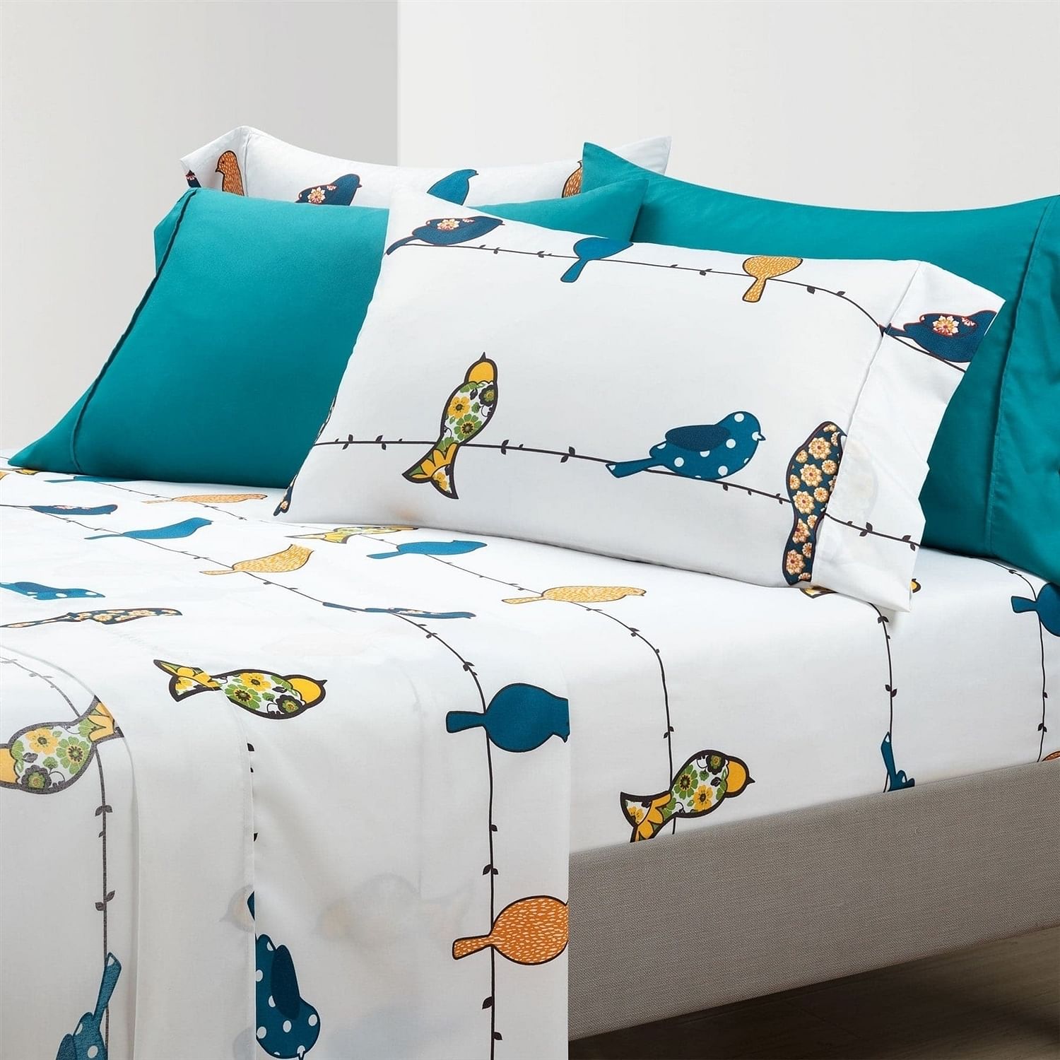 Yellow Crius Other Full Teal 6 Piece Yellow & White Floral Birds On Wire Soft Polyester Set