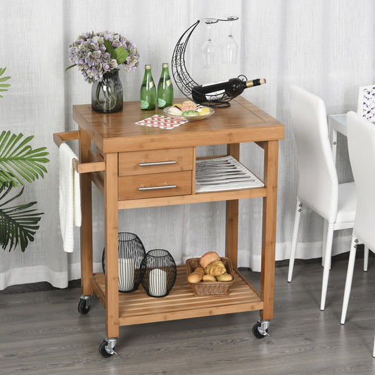 Taupe Shadow Home & Garden HOMCOM Bamboo Rolling Kitchen Island Trolley with Drawers & Shelves