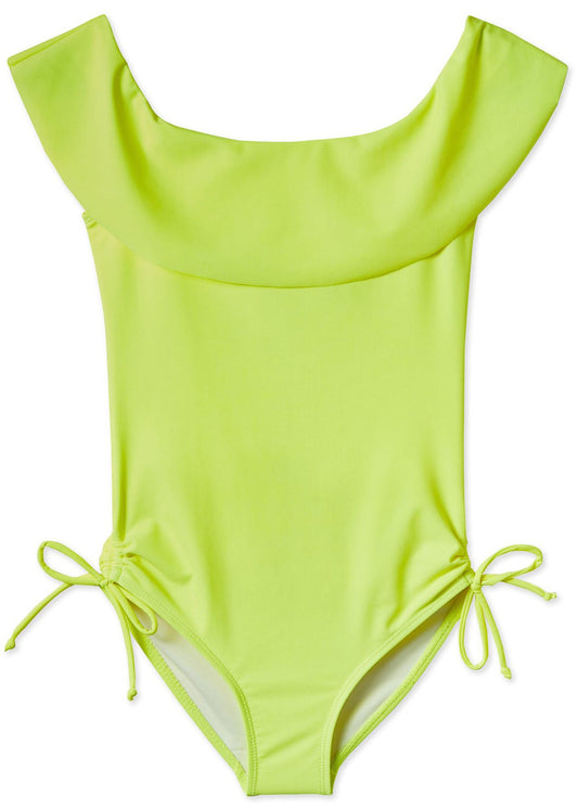 Ivory Trillium Kid's Clothing Neon Yellow Draped Swimsuit