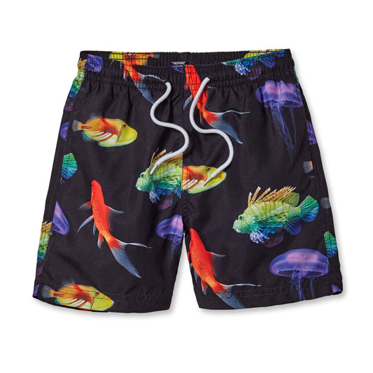 Ivory Trillium Kid's Clothing Board Shorts with Neon Fish on Black