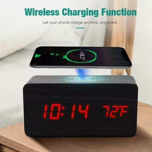 Yellow Pandora Mobile & Laptop Accessories Wooden Digital Alarm Clock with Wireless Phone Charging Pad