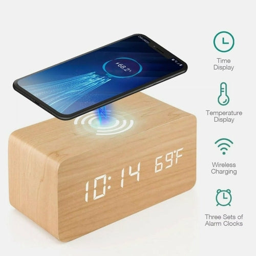 Yellow Pandora Mobile & Laptop Accessories Wooden Digital Alarm Clock with Wireless Phone Charging Pad