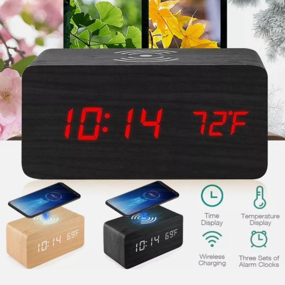 Yellow Pandora Mobile & Laptop Accessories Wooden Digital Alarm Clock with Wireless Phone Charging Pad