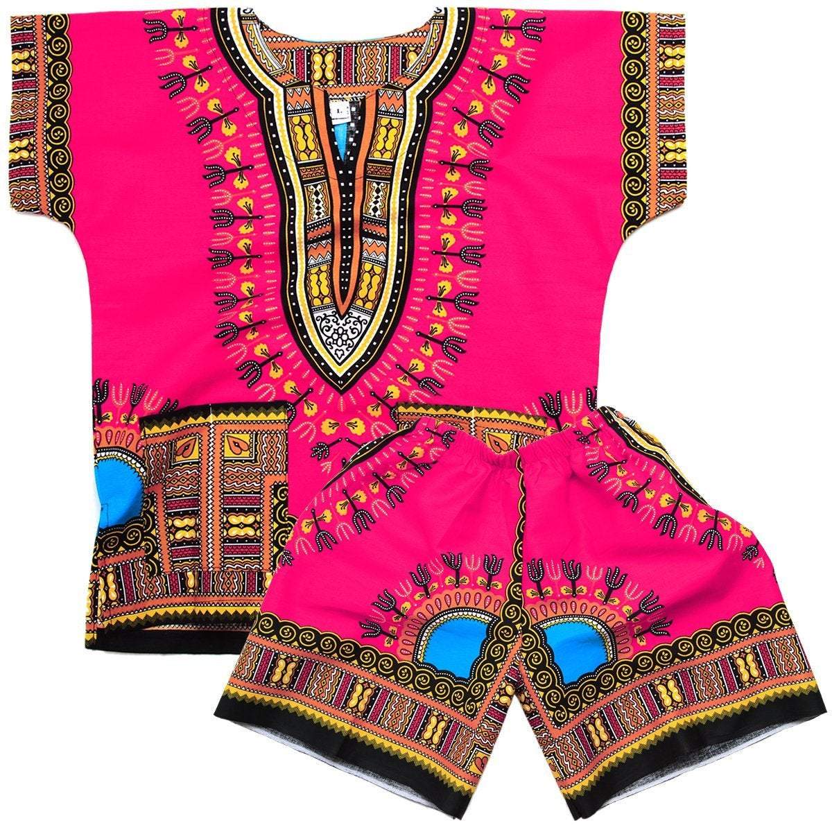 White Baobab Kid's Clothing Children's Pink Dashiki Shirt And Short Set