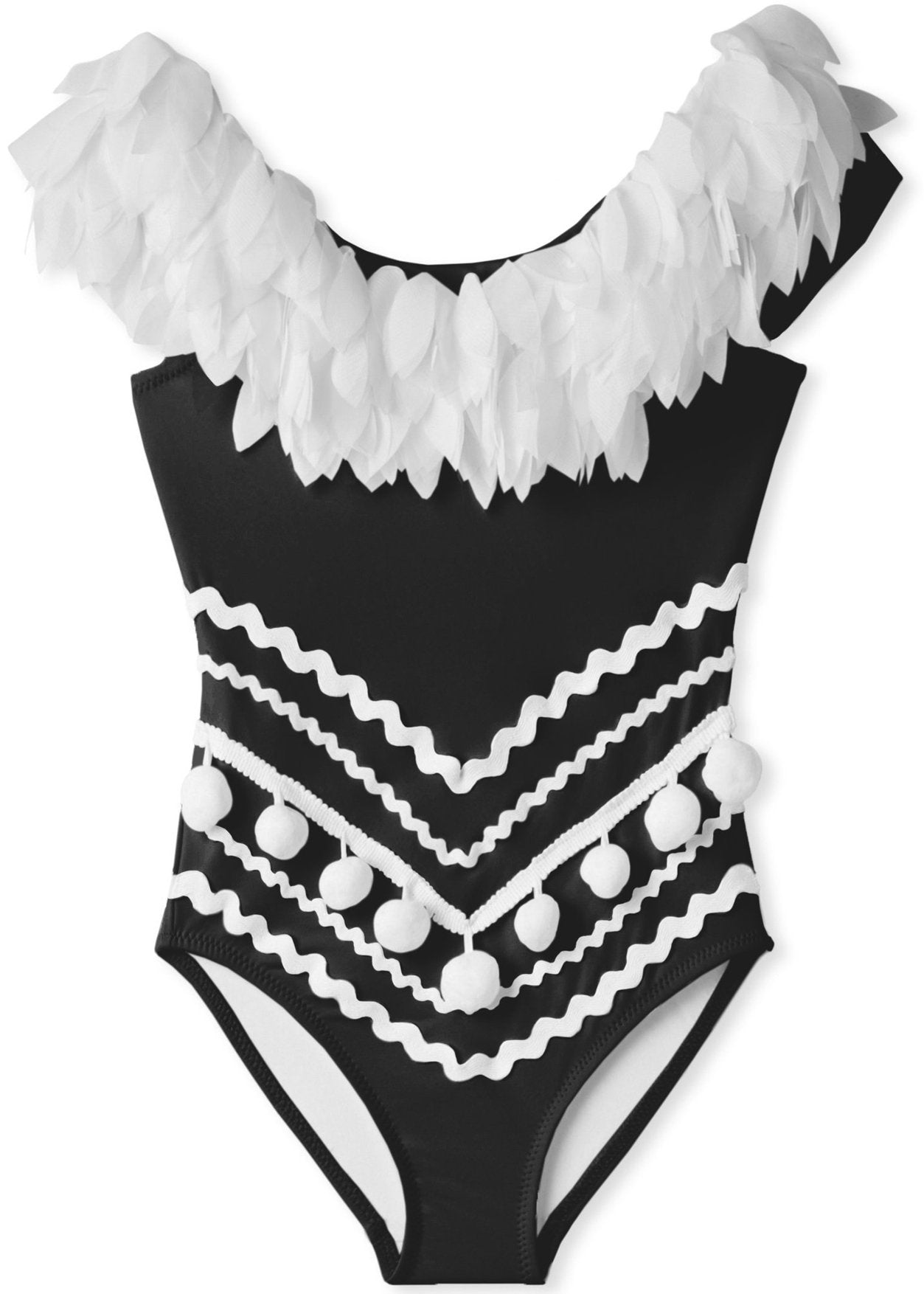 Ivory Trillium Kid's Clothing Black Draped Swimsuit with Petals & Pom Poms